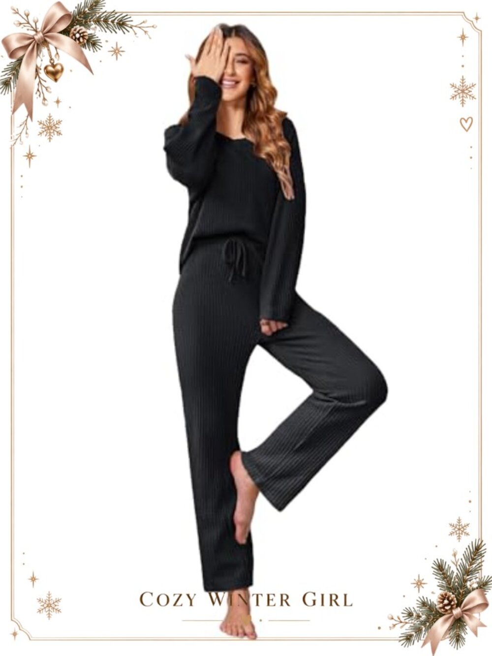 Waffle Knit Pajama Set Long Sleeve Top Wide Leg Pants Lounge Set Pockets